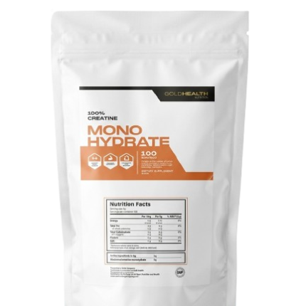 White resealable pouch labeled '100% Creatine Monohydrate' with nutrition facts on the front (GoldHealth Nutrition).