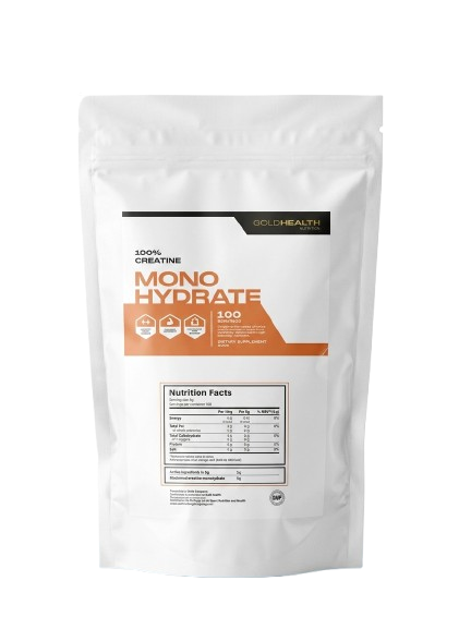 White resealable pouch labeled '100% Creatine Monohydrate' with nutrition facts on the front (GoldHealth Nutrition).