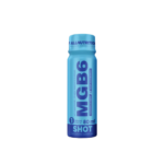 Blue MCG6 Shot energy drink bottle standing upright on a white background.