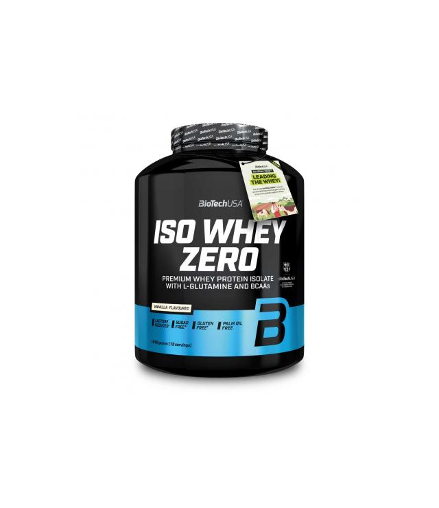 Container of BioTechUSA Iso Whey Zero whey protein isolate, vanilla flavor, with blue label and sealed cap