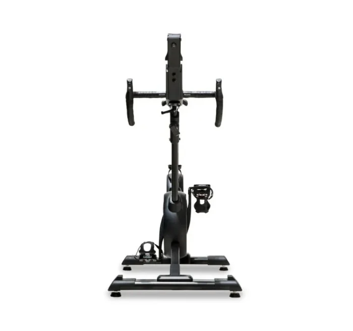 Front view of a compact indoor stationary bike with handlebars and a wide base for home cardio workouts.