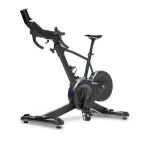 Black indoor cycling bike with adjustable seat and handlebars and a large flywheel for home cardio workouts.