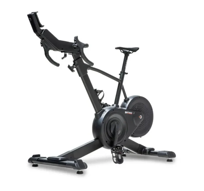 Black indoor cycling bike with adjustable seat and handlebars and a large flywheel for home cardio workouts.
