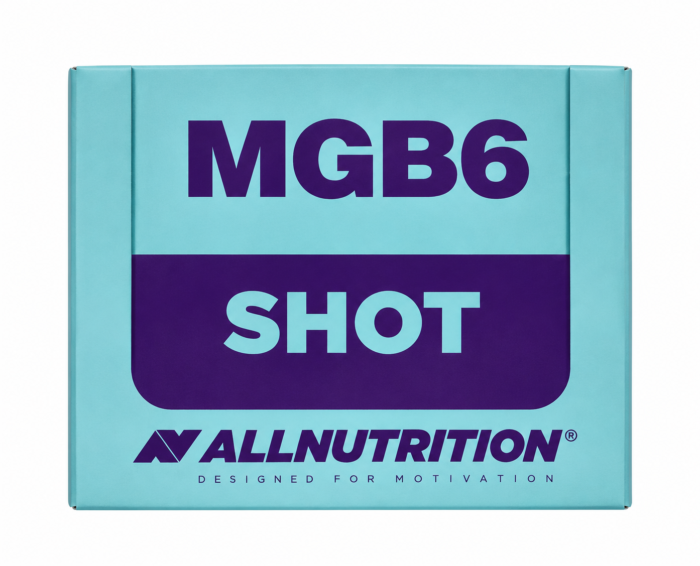 Teal packaging box with bold purple text reading MGB6 SHOT and the ALLNUTRITION logo at the bottom front.