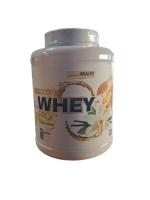 White tub of Gold Health whey protein powder, vanilla cookies flavor, with blue 'WHEY' text and floral ring design around it.
