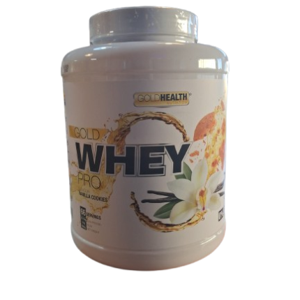 White tub of Gold Health whey protein powder, vanilla cookies flavor, with blue 'WHEY' text and floral ring design around it.