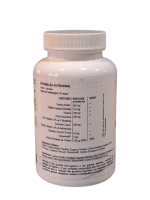 White plastic supplement bottle with a Portuguese nutrition label on a black background, cap on.