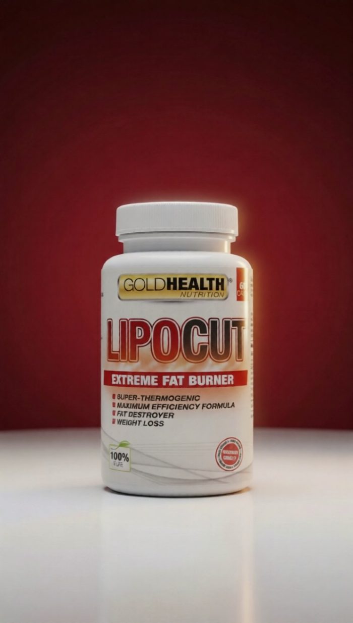 Bottle labeled Lipocut Extreme Fat Burner by GoldHealth Nutrition on a white surface against a red background.