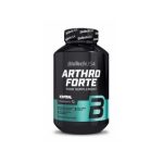 Black bottle of BioTechUSA Arthro Forte food supplement with teal label and a large blue 'B' logo on the front.