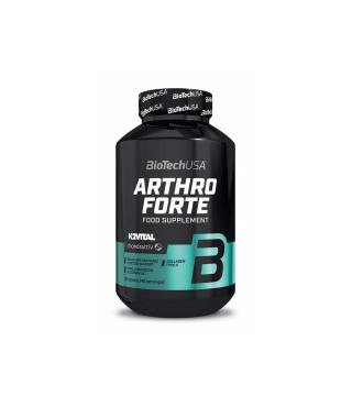 Black bottle of BioTechUSA Arthro Forte food supplement with teal label and a large blue 'B' logo on the front.