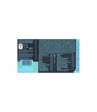 Back view of a blue and turquoise packaged product showing nutrition facts panel and barcode.