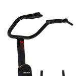 Black exercise machine handlebar with curved grips and vertical support labeled BH, part of a cardio trainer machine.