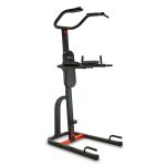Indoor bike trainer stand for converting a bicycle into an indoor trainer, black with red accents and a top handlebars bar device.