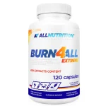 Bottle of AllNutrition Burn4All Extreme dietary supplement, 120 capsules, white label with blue and orange text.