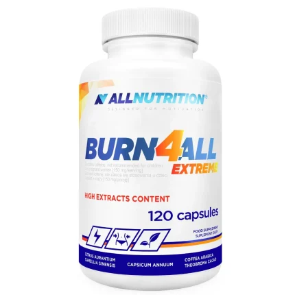 Bottle of AllNutrition Burn4All Extreme dietary supplement, 120 capsules, white label with blue and orange text.