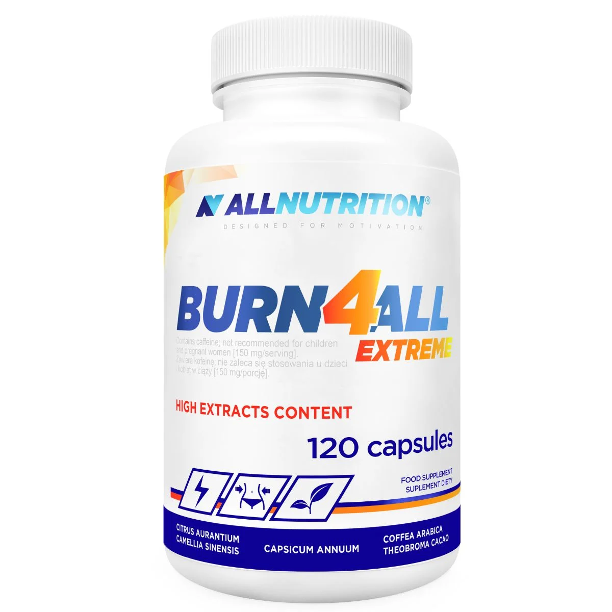 bf77d3529373be69144cdcc9c111c552Burn4ALL_Extreme_i34859_d1200x1200 Bottle of AllNutrition Burn4All Extreme dietary supplement, 120 capsules, white label with blue and orange text.