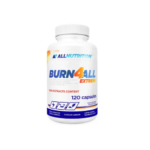 White bottle labeled Burn4All Extreme dietary supplement from AllNutrition, containing 120 capsules.