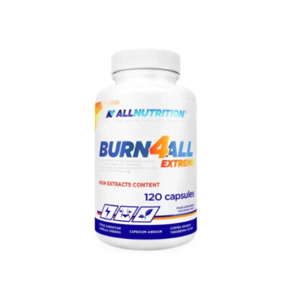 White bottle labeled Burn4All Extreme dietary supplement from AllNutrition, containing 120 capsules.