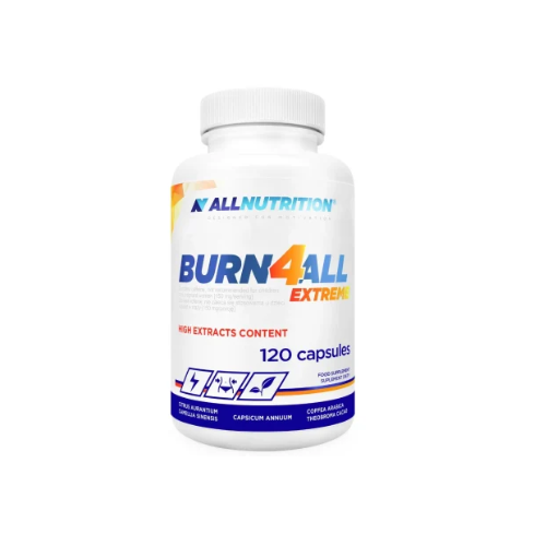 burn for all White bottle labeled Burn4All Extreme dietary supplement from AllNutrition, containing 120 capsules.