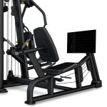 Black multi-station leg extension/row-style weight machine with padded seat and backrest, weight stack on the right and connected cables.