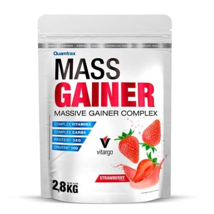 Pouch of Mass Gainer supplement with strawberry flavor, 2.8 kg, showing berries on the packaging.