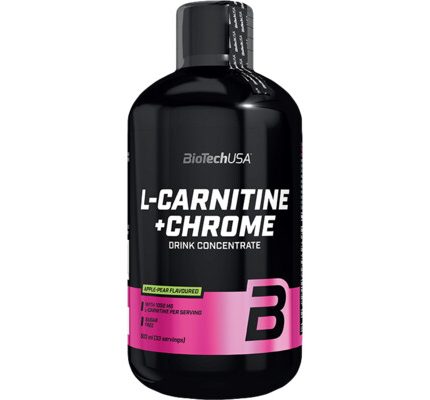 Black bottle of BioTechUSA L-Carnitine + Chrome drink concentrate with a pink label, shown against a white background, likely a dietary supplement