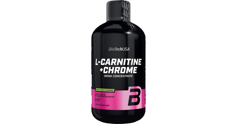 764x400 Black bottle of BioTechUSA L-Carnitine + Chrome drink concentrate with a pink label, shown against a white background, likely a dietary supplement