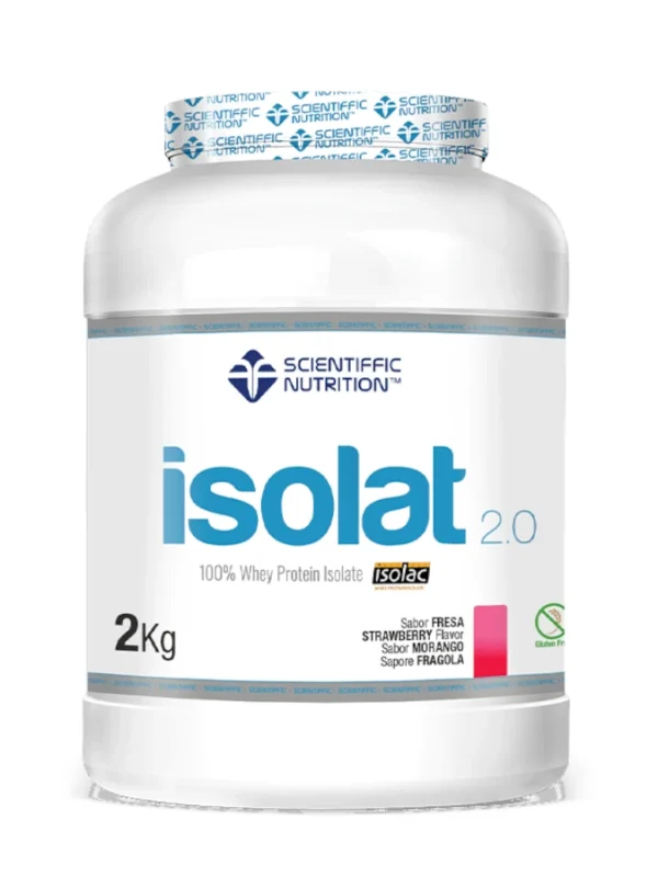 Container of Scientific Nutrition Isolat 2.0 whey protein, 2 kg, white tub with blue logo and flavor notes (strawberry/morang o) on the label, sealed lid visible.