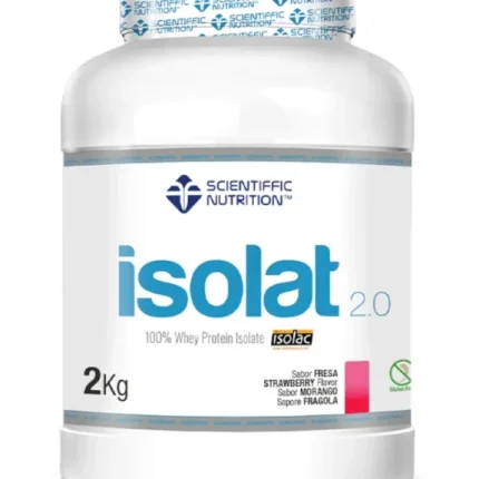 Container of Scientific Nutrition Isolat 2.0 whey protein, 2 kg, white tub with blue logo and flavor notes (strawberry/morang o) on the label, sealed lid visible.