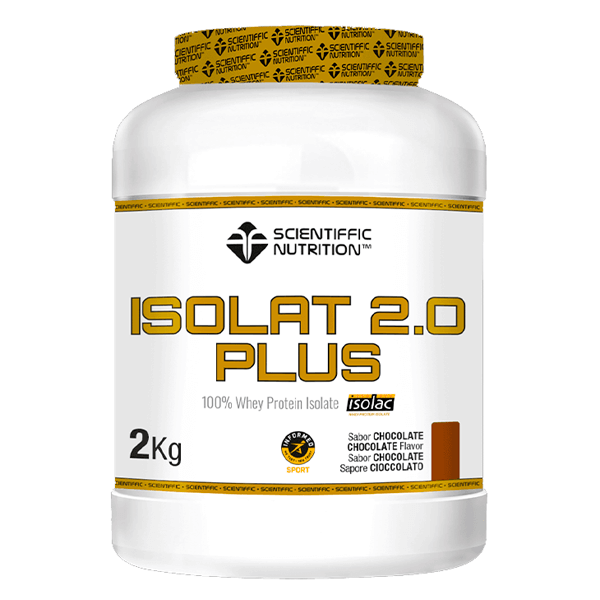 White tub of Scientific Nutrition Isolat 2.0 Plus whey protein isolate, 2 kg, chocolate flavor (100% whey protein isolate)