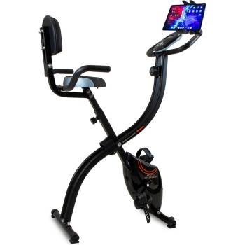 1500 Black stationary exercise bike with a touchscreen display mounted on a curved frame, padded backrest, and adjustable seat; pedals with straps visible.