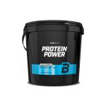 Black tub of Protein Power protein powder with a blue label and carrying handle, vanilla flavor