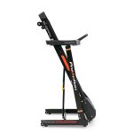 Compact foldable treadmill labeled ProAction in upright storage position with wheels visible at base.