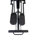 Front view of two large black elliptical trainer pedals with a central support and frame.