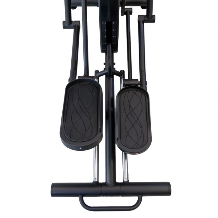 Front view of two large black elliptical trainer pedals with a central support and frame.