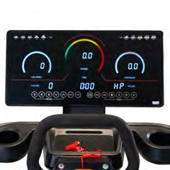 Fitness machine control panel with two circular gauges and a central digital readout between handles on a black console.