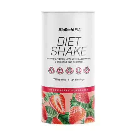 BioTechUSA Diet Shake can, strawberry flavor, 720 g (24 servings), white upper label with fruit-pattern red-pink bottom