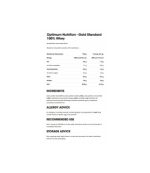 Label for Optimum Nutrition Gold Standard 100% Whey protein powder showing supplement facts, ingredients, allergy advice, and usage/storage tips.