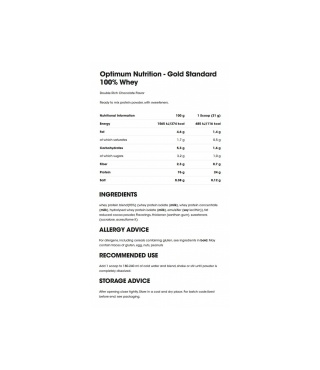 Label for Optimum Nutrition Gold Standard 100% Whey protein powder showing supplement facts, ingredients, allergy advice, and usage/storage tips.