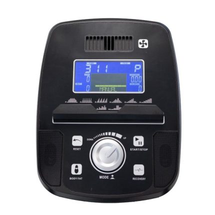 Front view of a black treadmill console with a blue digital display, large central dial, and labeled control buttons (Start/Stop, Mode, Recovery, Body Fat).