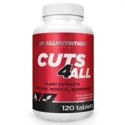 Bottle of AllNutrition CUTS 4 ALL dietary supplement, red label, 120 tablets on white background.