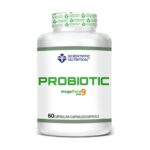 White bottle labeled ProbioTIC Mega Flora 9 Evo probiotic capsules, 60 capsules, with Scientific Nutrition branding on a sealed cap.
