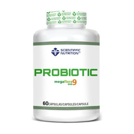 White bottle labeled ProbioTIC Mega Flora 9 Evo probiotic capsules, 60 capsules, with Scientific Nutrition branding on a sealed cap.