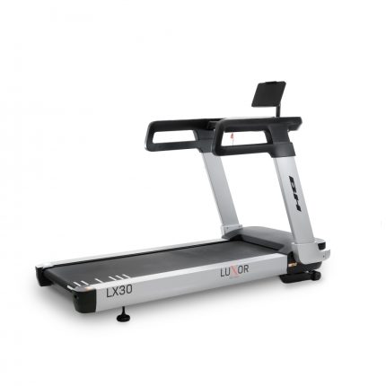 Luxor LX30 treadmill with silver frame, black belt, and tablet mount at the front.