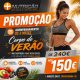 Promoção de 3 meses de acompanhamento para Corpo de Verão, com destaque para 150€ (de 240€) e imagem de mulher fitness na praia com frutas ao fundo.