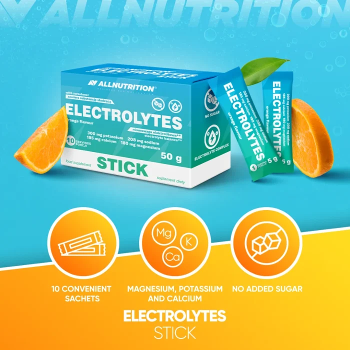 Blue Electrolytes Stick box with two sachets and orange halves against a turquoise background.