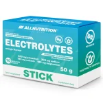 Box of AllNutrition Electrolytes stick supplement, orange flavour, 50 g (10 servings) with no sugar label and electrolyte icons on teal packaging