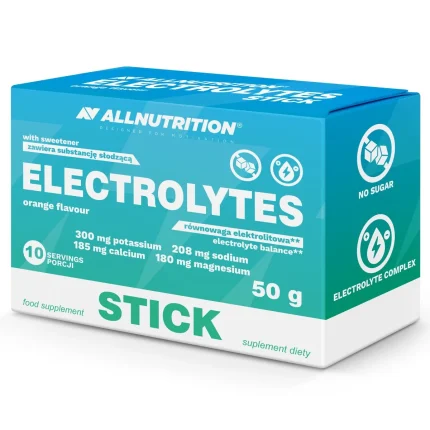 Box of AllNutrition Electrolytes stick supplement, orange flavour, 50 g (10 servings) with no sugar label and electrolyte icons on teal packaging