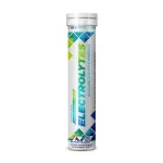 Tube-shaped electrolyte drink stick pack labeled ELECTROLYTES with geometric blue-green design, standing upright as a hydration supplement