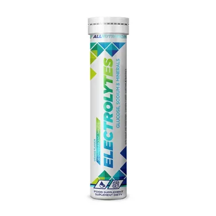 Tube-shaped electrolyte drink stick pack labeled ELECTROLYTES with geometric blue-green design, standing upright as a hydration supplement